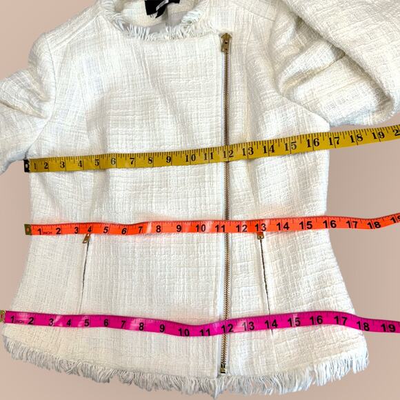 J. Crew Ivory Two Piece Suit Set Moto Jacket Skirt Women Size 2/4 Tweed Fringed - Picture 11 of 14